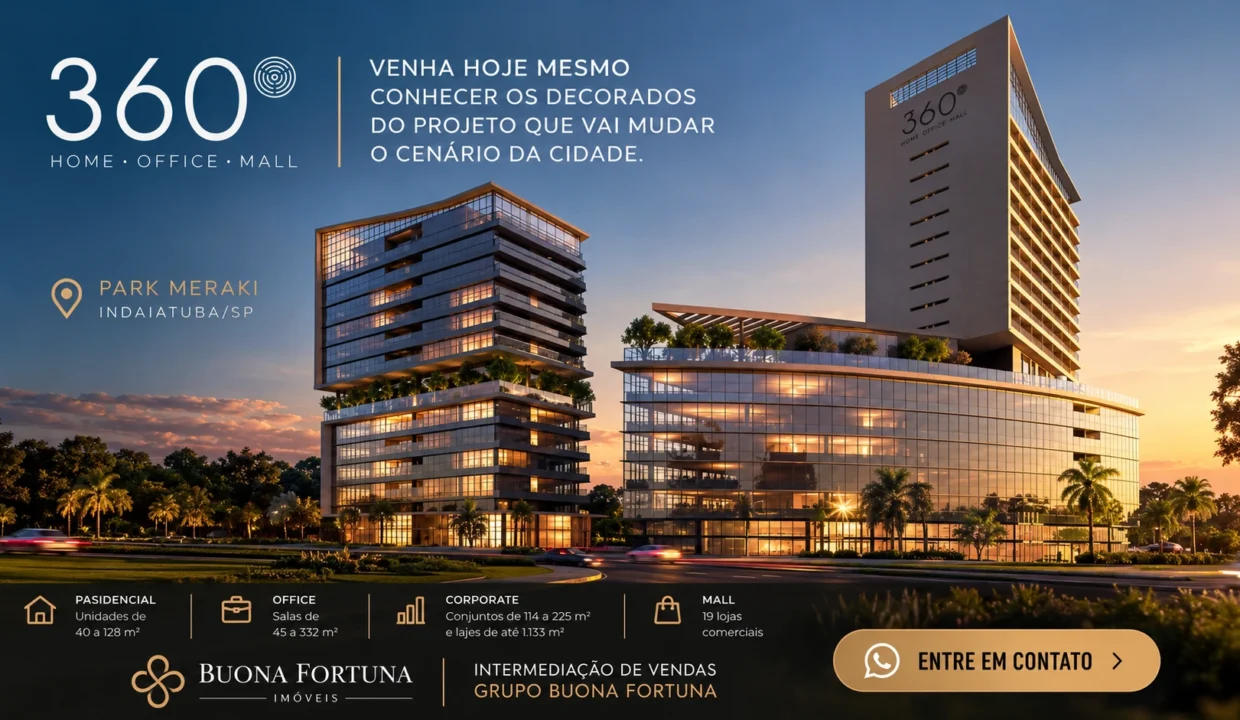 Perspectiva arquitetônica do 360° Home Office Mall, empreendimento residencial e comercial da HINC Incorporações, localizado no Park Meraki, em Indaiatuba/SP.
