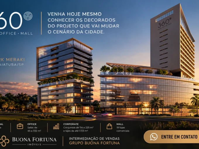 Perspectiva arquitetônica do 360° Home Office Mall, empreendimento residencial e comercial da HINC Incorporações, localizado no Park Meraki, em Indaiatuba/SP.