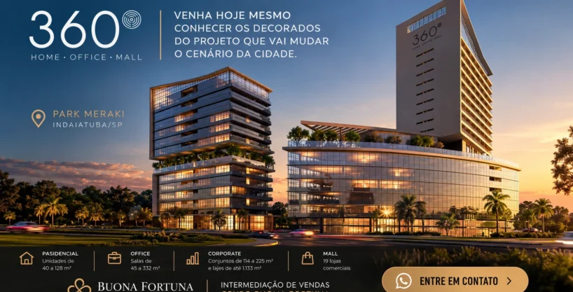 Perspectiva arquitetônica do 360° Home Office Mall, empreendimento residencial e comercial da HINC Incorporações, localizado no Park Meraki, em Indaiatuba/SP.