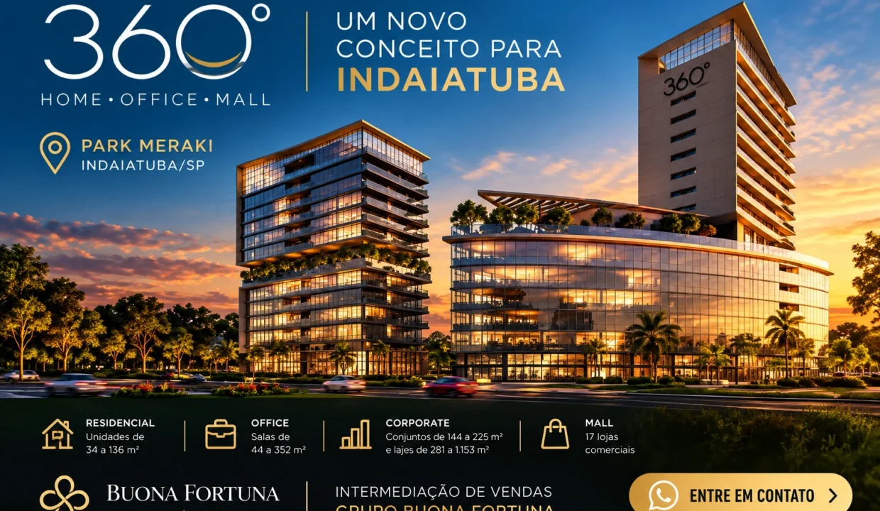 Perspectiva arquitetônica do 360° Home Office Mall, empreendimento residencial e comercial da HINC Incorporações em Indaiatuba, com intermediação de vendas do Grupo Buona Fortuna.