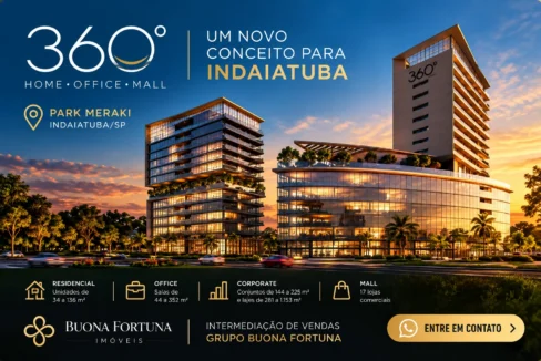 Perspectiva arquitetônica do 360° Home Office Mall, empreendimento residencial e comercial da HINC Incorporações em Indaiatuba, com intermediação de vendas do Grupo Buona Fortuna.